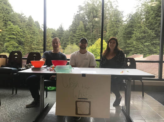 Picture of For-credit Interns Matt Hill and Brady Wylie and Dining Coordinator Sarah Nolan leading  Weigh the Waste in the J, October 2018